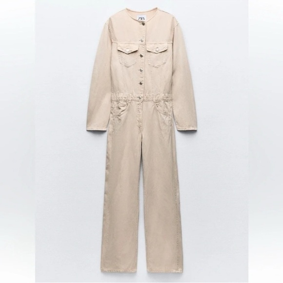 ZARA LONG FLOWY CREAM JUMPSUIT - Picture 1 of 4